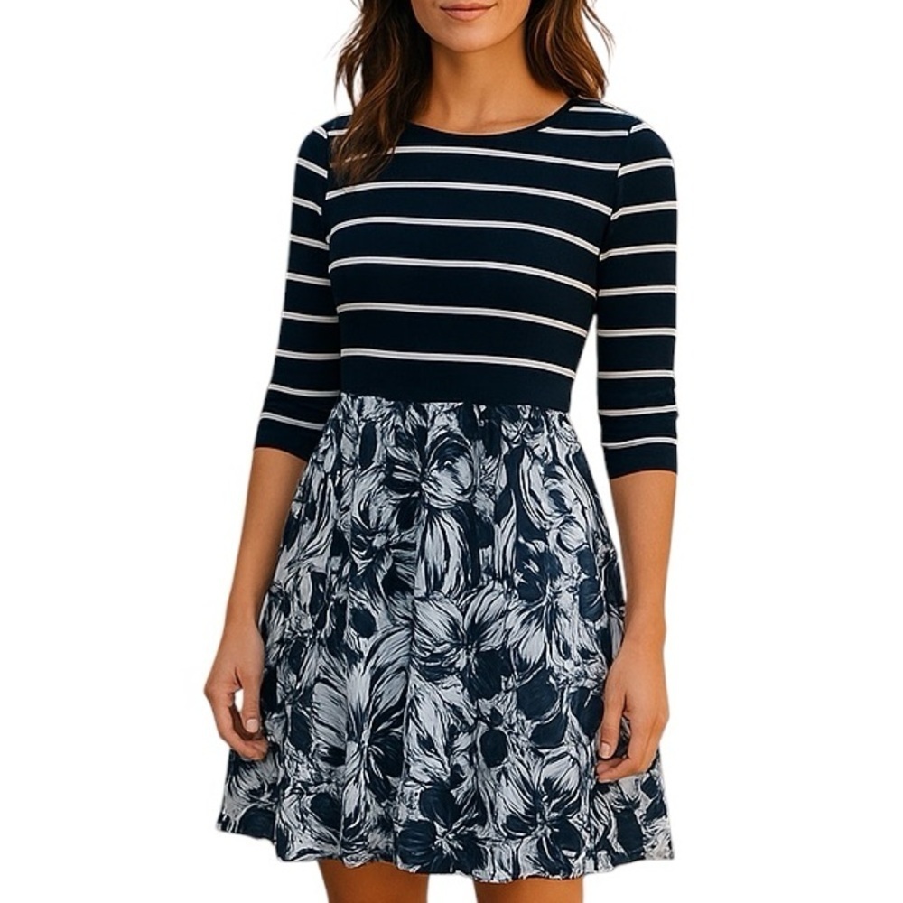 Dress Barn 10 Navy Blue Gray Ehite Stripe Floral Knee Length Dress Modest